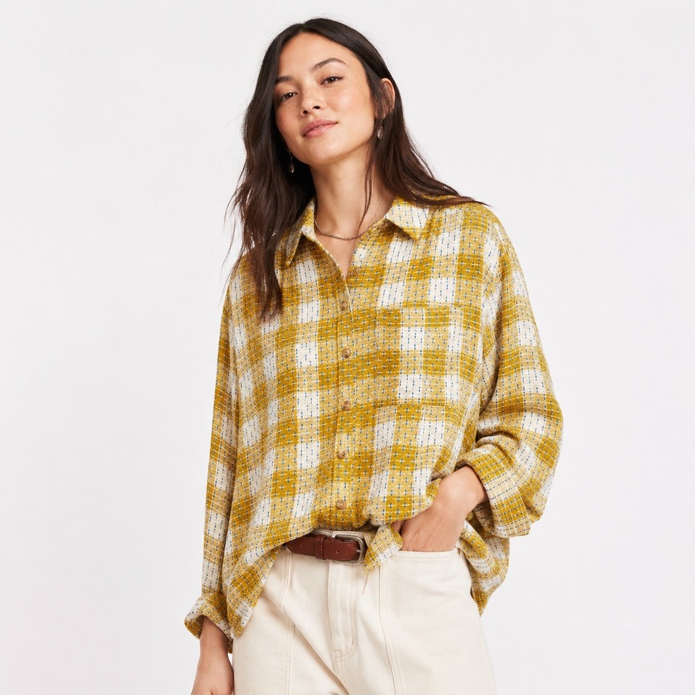 Pilcro Anthropologie Plaid‎ Button Down Shirt Womens S Yellow Wool Blend Boho